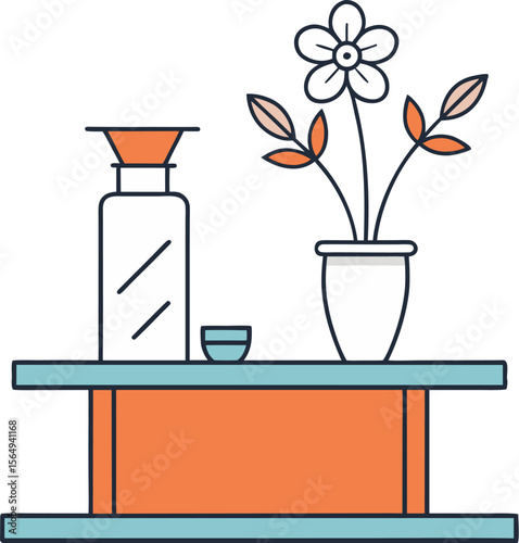 Modern Kitchen Shelf with Vases and Flowers Vector

