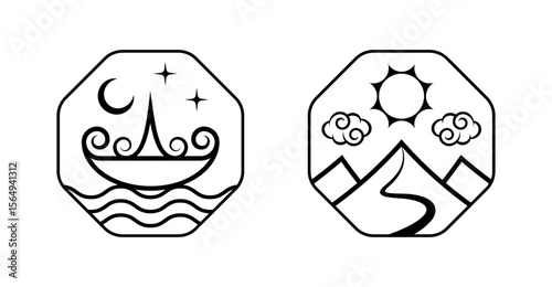 Sun and Moon Landscape. Mountain and Sea Illustrations