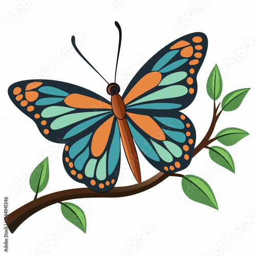 butterfly perched on a branch clean vector white background