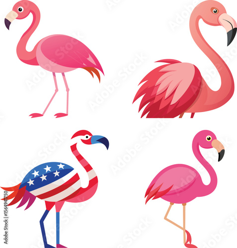 A pink flamingo wades in a shallow pool of tropical fruits. Lush green palm trees line the background behind the flamingo and fruit. The flamingo is a type of greater flamingo.
