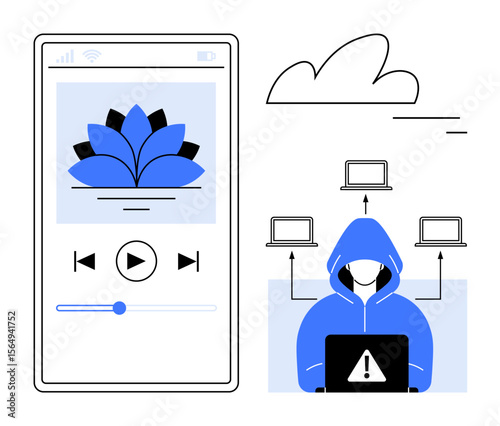 Smartphone with music streaming app, hacker accessing multiple devices, cloud icon. Ideal for cybersecurity, data protection, digital connectivity, online threats, music apps, cloud tech simple