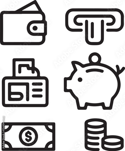 Banking and Finance Line Icon Set | ATM, Piggy Bank, Dollar Symbols

