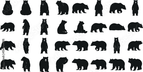 Bear silhouettes, bear in various poses, standing, walking, sitting, perfect for wildlife, nature designs, outdoor themes, versatile, visually engaging