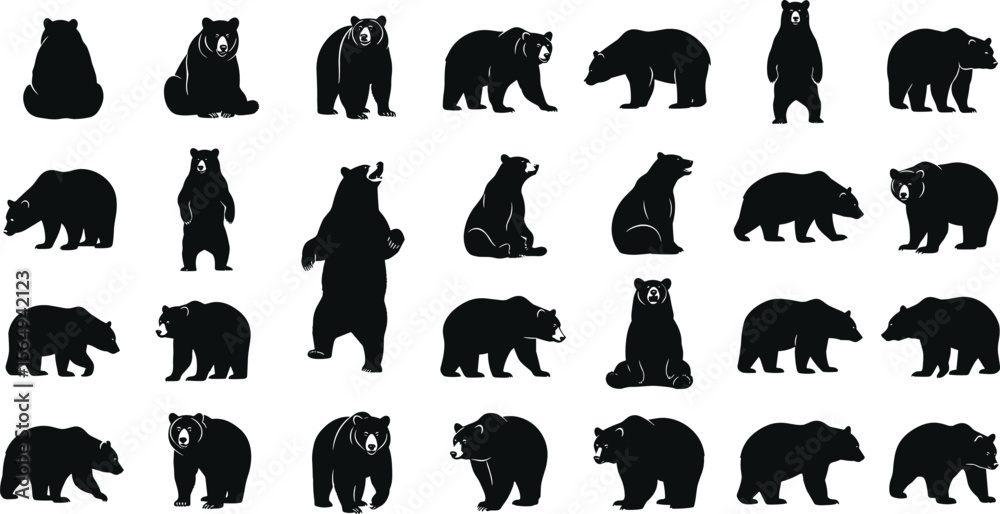 Obraz premium Bear silhouettes, bear in various poses, standing, walking, sitting, perfect for wildlife, nature designs, outdoor themes, versatile, visually engaging