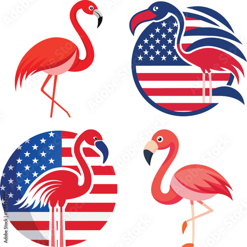 A pink flamingo wades in a shallow pool of tropical fruits. Lush green palm trees line the background behind the flamingo and fruit. The flamingo is a type of greater flamingo.
