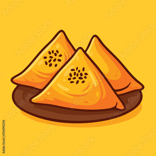 Vector illustration of triangle-shaped baked samosas on a plate in cartoon style. Great for traditional food, snacks, and cultural cuisine visuals.


