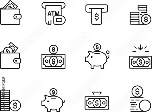 Banking and Finance Line Icon Set | ATM, Piggy Bank, Dollar Symbols

