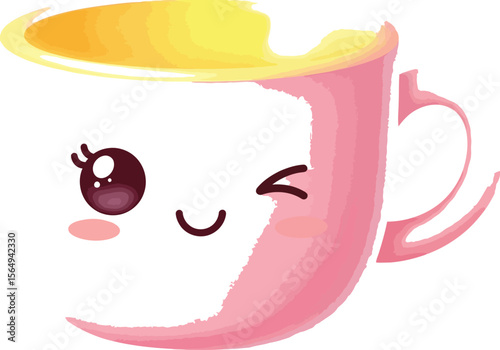 Illustration of a pink mug with a cute winking face and yellow interior