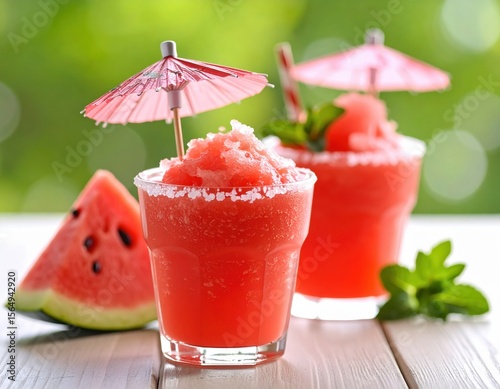 Enjoy cool summer days with two vibrant watermelon frozen drinks adorned with a charming umbrella and fresh mint leaves, displayed on a rustic wooden table.
