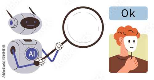 AI robot analyzes identity through a magnifying glass as a person holds a face mask. Ideal for AI, face recognition, privacy, technology, identity verification, cybersecurity, fraud detection. Simple
