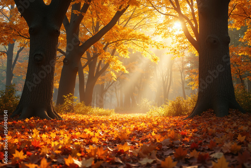 A serene autumn forest with sunbeams shining through vibrant orange and yellow leaves, casting a warm glow on the ground covered with fallen leaves.