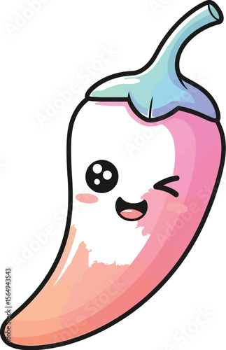 Illustration of a pink and blue cartoon chili pepper with a winking face