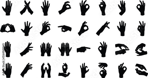 hand silhouette illustration, various hand gestures, perfect hand vector for sign language, communication visuals. 