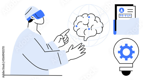 Person using VR headset interacting with AI brain, interconnected globe, document, and gear bulb. Ideal for technology, AI, VR, innovation connectivity solutions research themes. Simple flat
