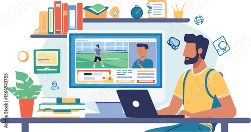 Man Watching Sports Video on Computer at Home Office Desk Surrounded by Books