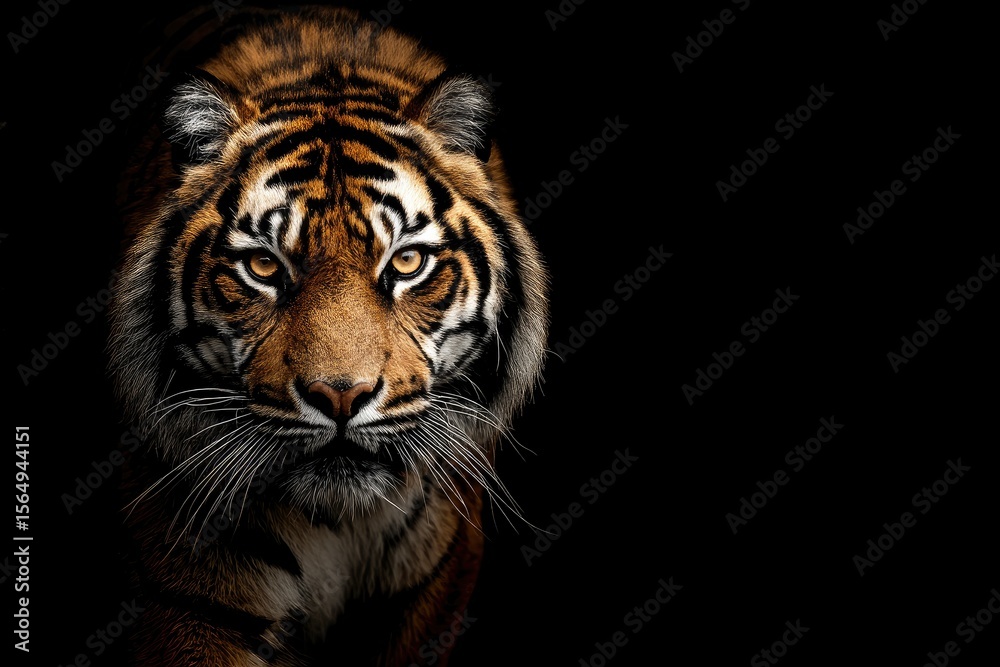 Fototapeta premium A tigers face is shown up close contrasted against a dark black background