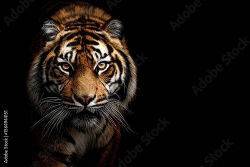 A tigers face is shown up close contrasted against a dark black background