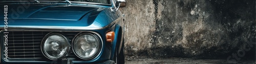 Classic Car Banner. Vintage Automobile Headlight Against Concrete Wall with Space for Text. Auto Repair and Sale Concept