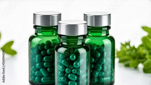 Green pills in transparent bottles with silver caps on a white surface, alongside blurry green herbs, wellness concept, dietary supplements