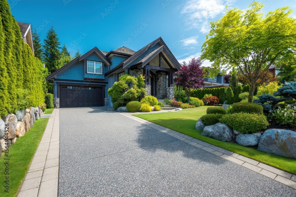 Fototapeta premium Clean Driveway. Expensive Luxury Home with Blue Garage in Suburbs of Vancouver, Canada