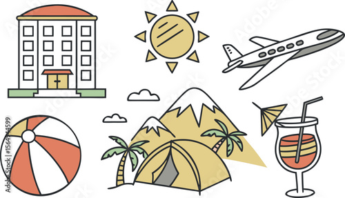 A vibrant travel and summer beach icons set illustration, featuring a collection of essential vacation symbols like beach umbrellas, surfboards, flip-flops, and sun hats, perfect for sunny adventures 