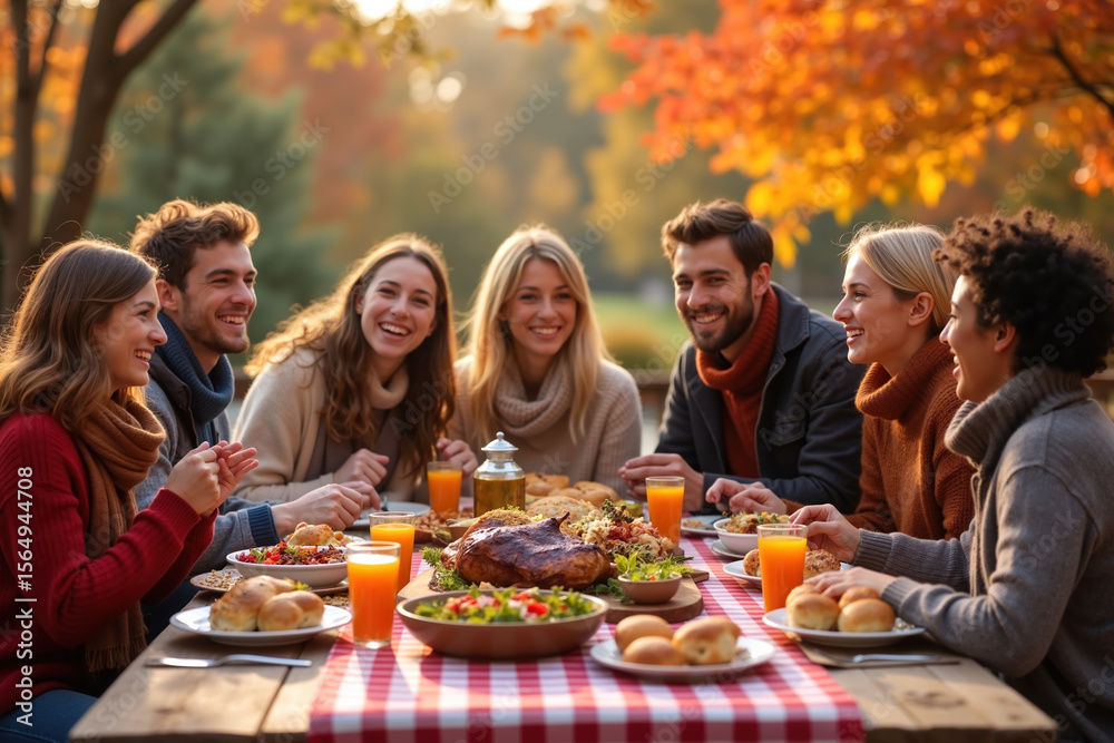 Fototapeta premium A group of friends gathered around a table, smiling and laughing as they enjoy a meal together in an outdoor setting with autumn foliage.