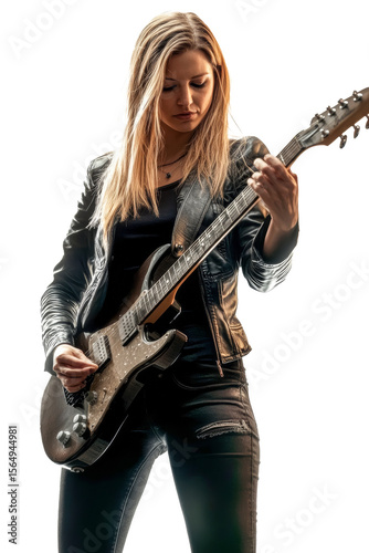 Schöne junge Frau spielt auf einer E-Gitarre, freigestellt vor transparentem Hintergrund, Generative AI