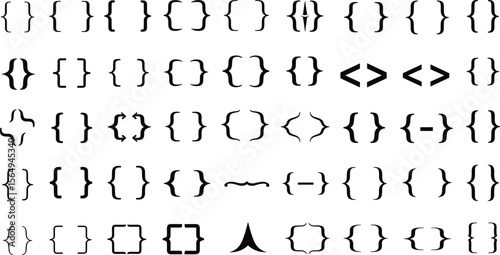 Bracket, braces, parenthes vector set, Diverse curly bracket styles for design, coding, and typography. Ideal symbol for software, graphic design, and programming .