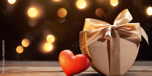 Closeup luxury golden heart giftbox on velvet fabric, paper card closed copyspace bokeh star glitter background