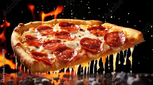 Template with delicious tasty slice of pepperoni pizza flying on black background. Generative AI