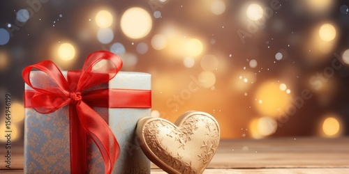 Closeup luxury golden heart giftbox on velvet fabric, paper card closed copyspace bokeh star glitter background