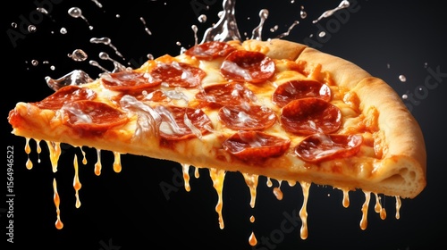 Template with delicious tasty slice of pepperoni pizza flying on black background. Generative AI
