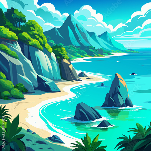Turquoise Ocean and Rocky Cliffs in Tropical Paradise