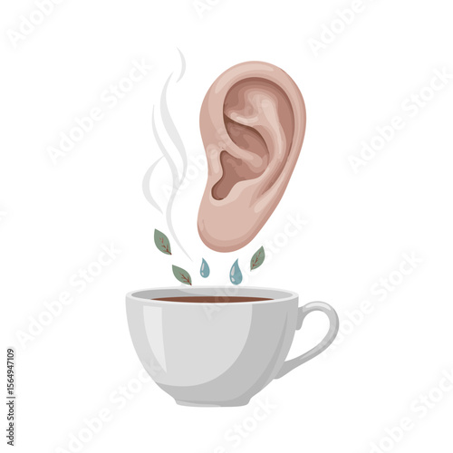 Ear Growing from Teacup with Steam and Leaf Drops, Uncanny Tea Scene
