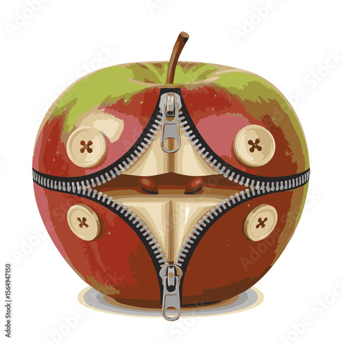 Realistic Apple with Zipper Opening and Fabric Core, Uncanny Flat Vector