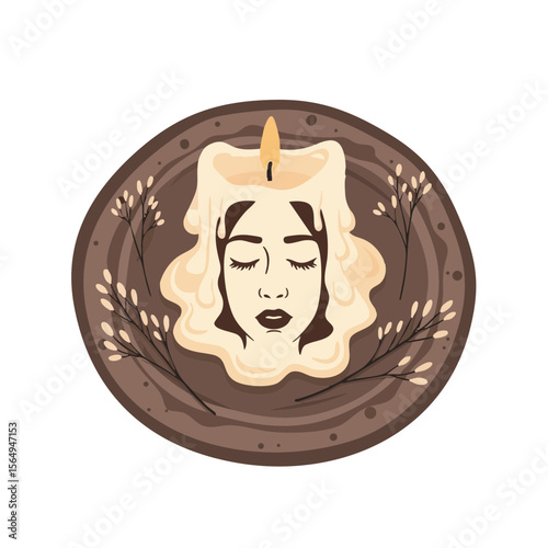 Melting Candle with Sleeping Face Shape on Ceramic Plate, Calm Uncanny Vector