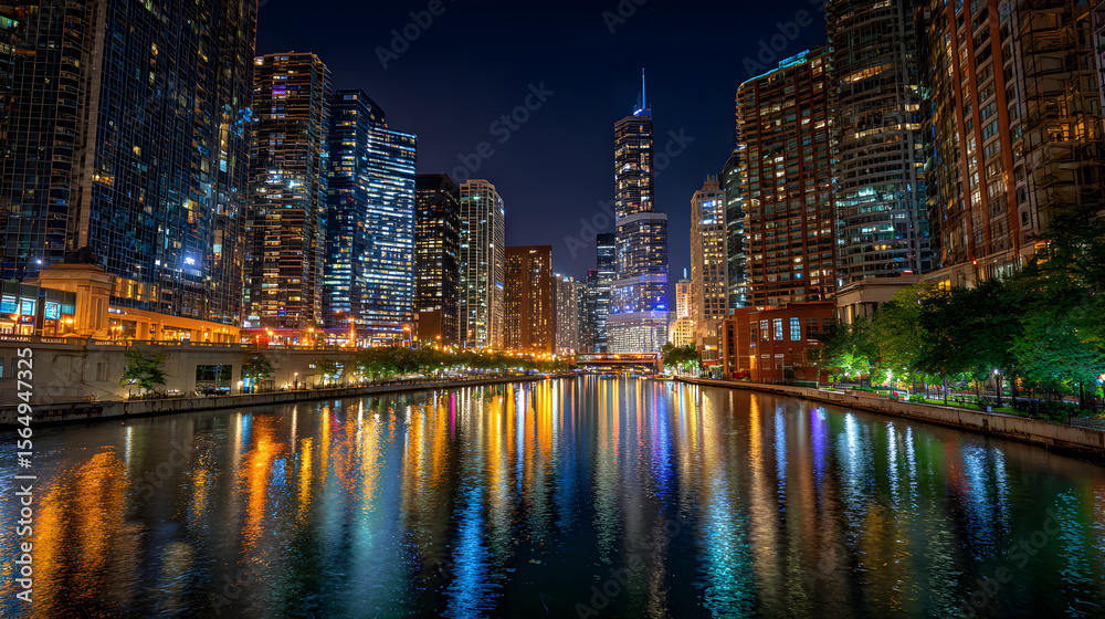 Naklejka premium Dynamic Lights in the Urban Jungle: A Vivid Night-time Cityscape