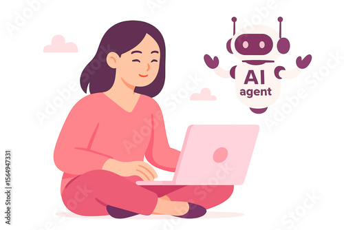 A young female freelancer works from home on her laptop, assisted by an AI agent helping her solve work-related tasks