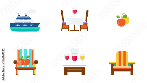 Cruise ship vacation dining beach chair summer holiday travel restaurant chef vector icon set design
