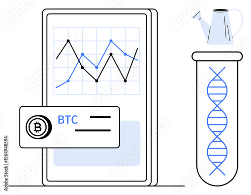 Mobile screen with chart, Bitcoin card, DNA in test tube, and watering can. Ideal for finance, investment, biotech, innovation research technology startups. Simple flat metaphor