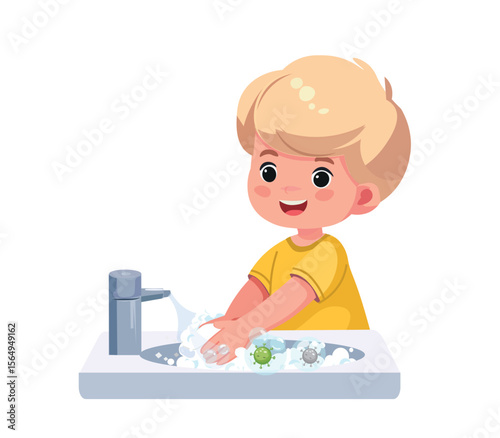 happy kid washing hands for daily personal care cartoon vector illustration	