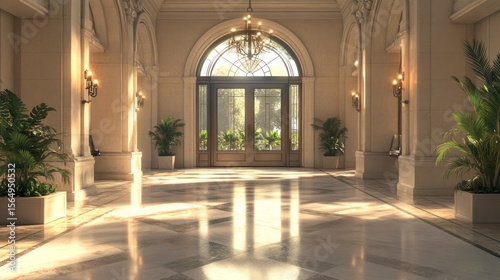 Luxurious sunlit entryway with arched doorways, elegant design, and potted plants.