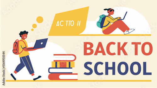 A vibrant illustration featuring a male student of Asian descent and a female student with glasses, engaged in school-related activities.