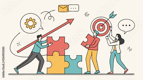 Three diverse professionals collaborate on a project, visualizing growth and success with colorful puzzle pieces and a target.