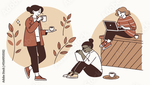 Three women enjoying their time in a cozy cafe environment, engaging in various activities.