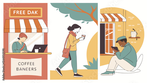 A cozy illustration featuring a woman enjoying coffee at a cafe, showcasing lively interactions in a warm atmosphere.