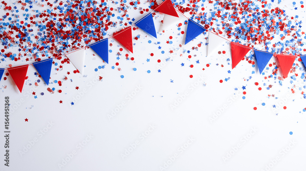 Obraz premium French-themed party frame with colorful string bunting and confetti on white, perfect for celebration branding and posters