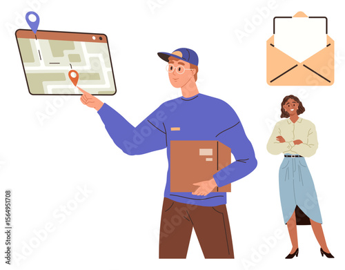 Delivery worker holding parcel, pointing at a digital map with location pins. Envelope icon represents communication. Ideal for logistics, e-commerce, delivery service, navigation, on-demand apps