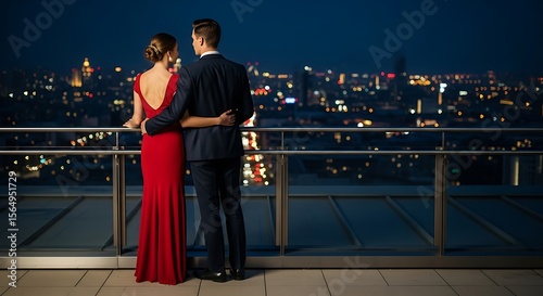 Romantic couple embracing on balcony overlooking city skyline at night