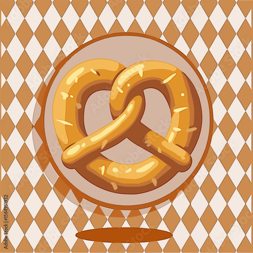 From the series "oktoberfest", Bavarian pretzel on the background of traditional bavarian pattern with brown and white rhombus
